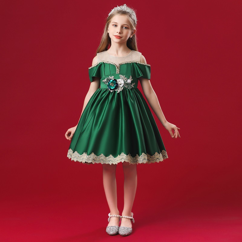 New off shoulder girl princess skirt embroidered medium waist puffy skirt host performance Dress Satin fabric skirt