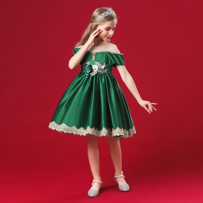 New off shoulder girl princess skirt embroidered medium waist puffy skirt host performance Dress Satin fabric skirt