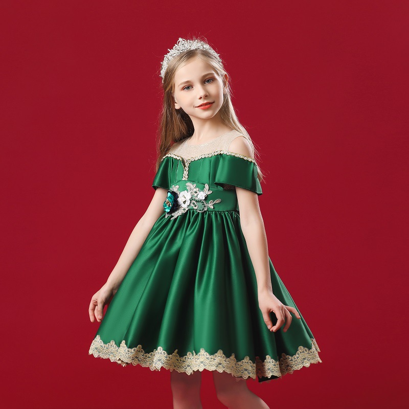 New off shoulder girl princess skirt embroidered medium waist puffy skirt host performance Dress Satin fabric skirt