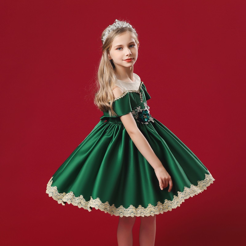 New off shoulder girl princess skirt embroidered medium waist puffy skirt host performance Dress Satin fabric skirt