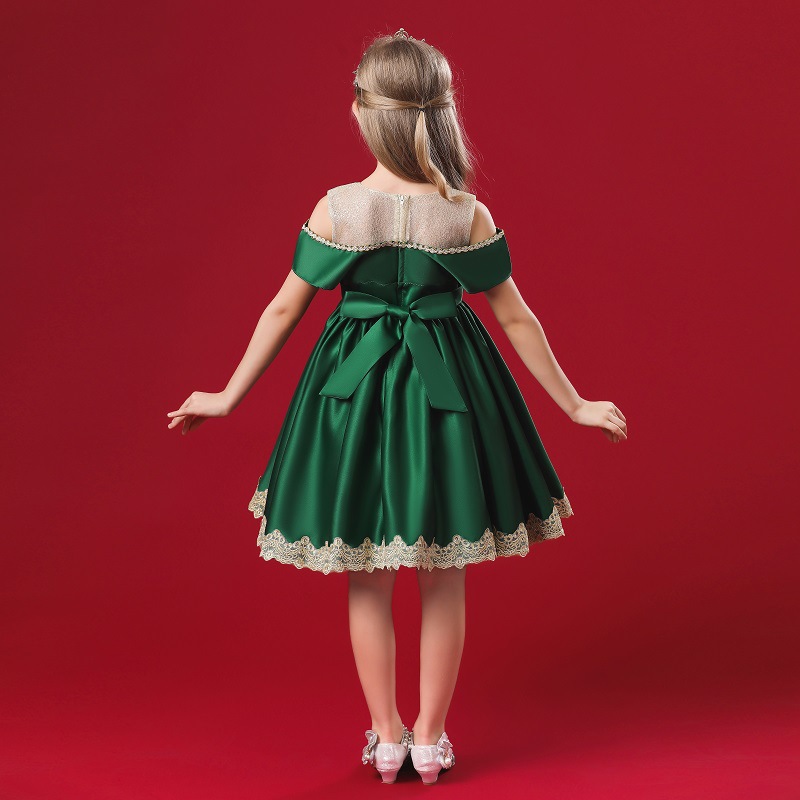 New off shoulder girl princess skirt embroidered medium waist puffy skirt host performance Dress Satin fabric skirt