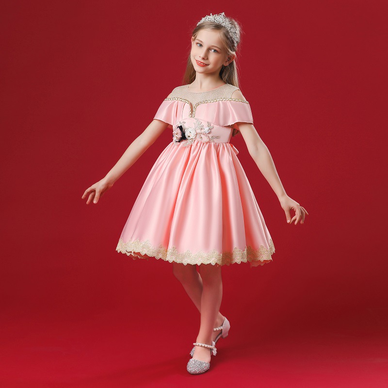 New off shoulder girl princess skirt embroidered medium waist puffy skirt host performance Dress Satin fabric skirt