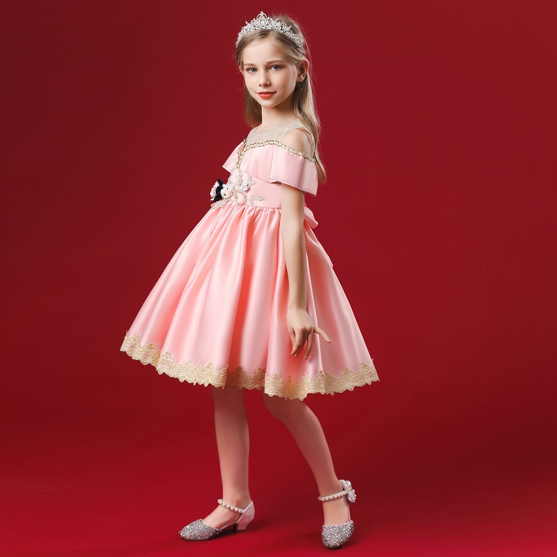 New off shoulder girl princess skirt embroidered medium waist puffy skirt host performance Dress Satin fabric skirt