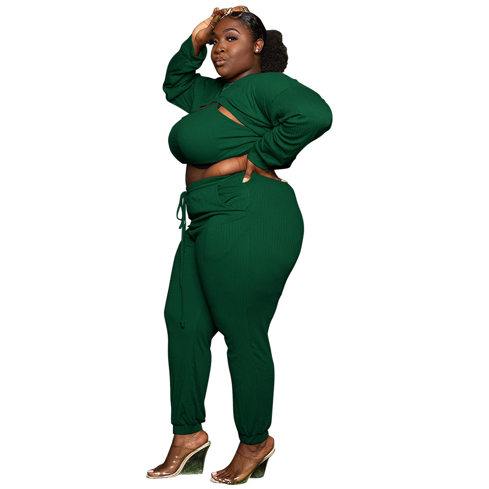 Fashion sexy chest opening hollowed out clothes fashion sexy solid color suit pit strip three piece set suit