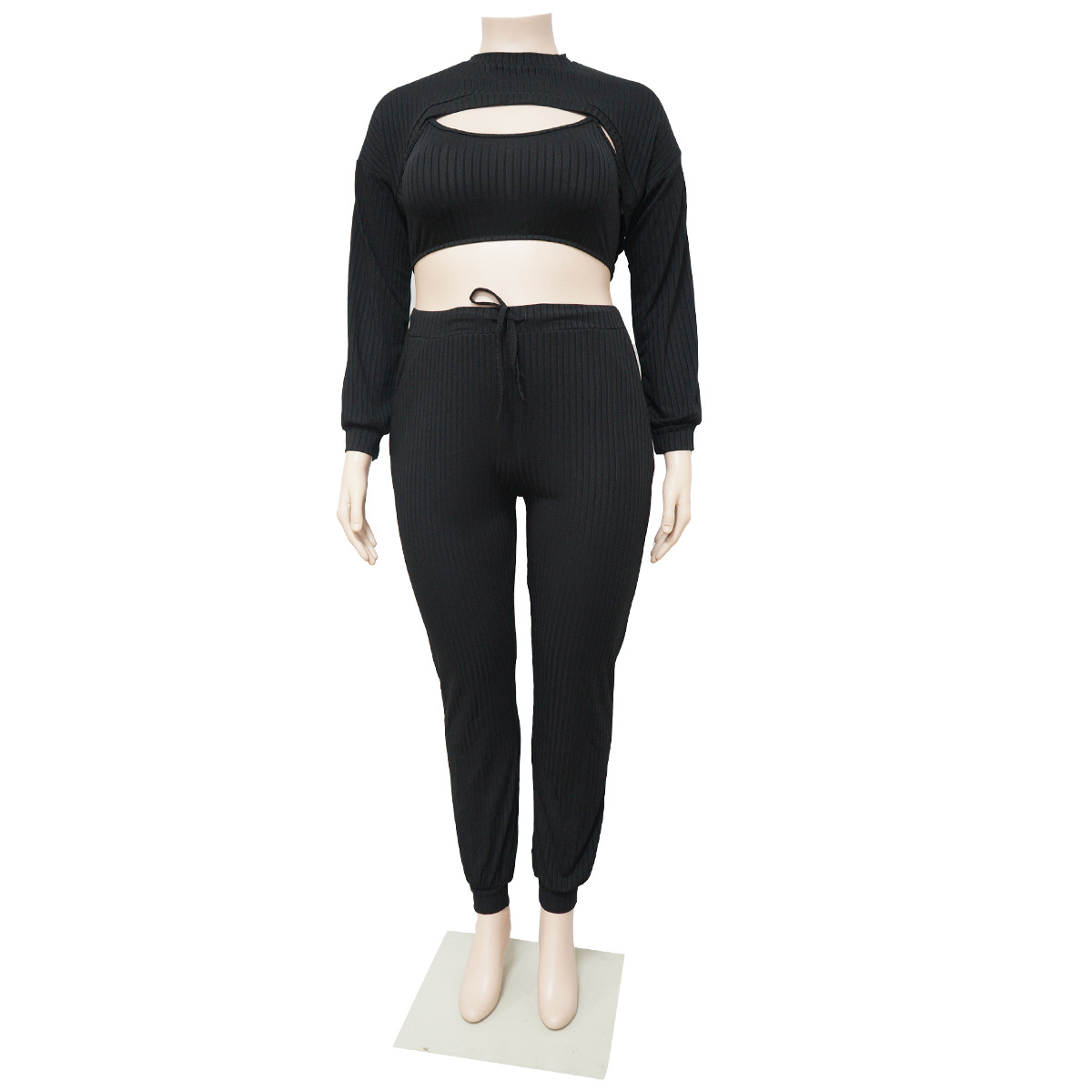 Fashion sexy chest opening hollowed out clothes fashion sexy solid color suit pit strip three piece set suit