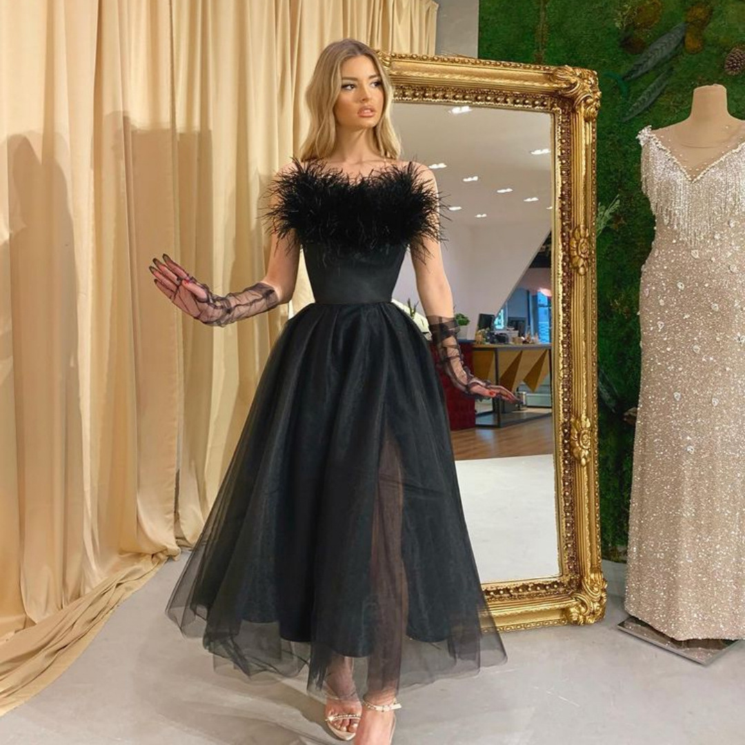 2022 Women's clothing feather sling mesh evening dress