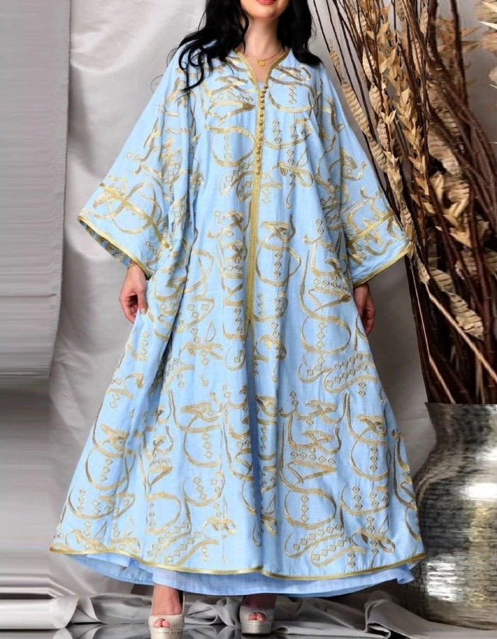 2022 Spring and summer new yellow printed breathable loose dress middle east robe dress