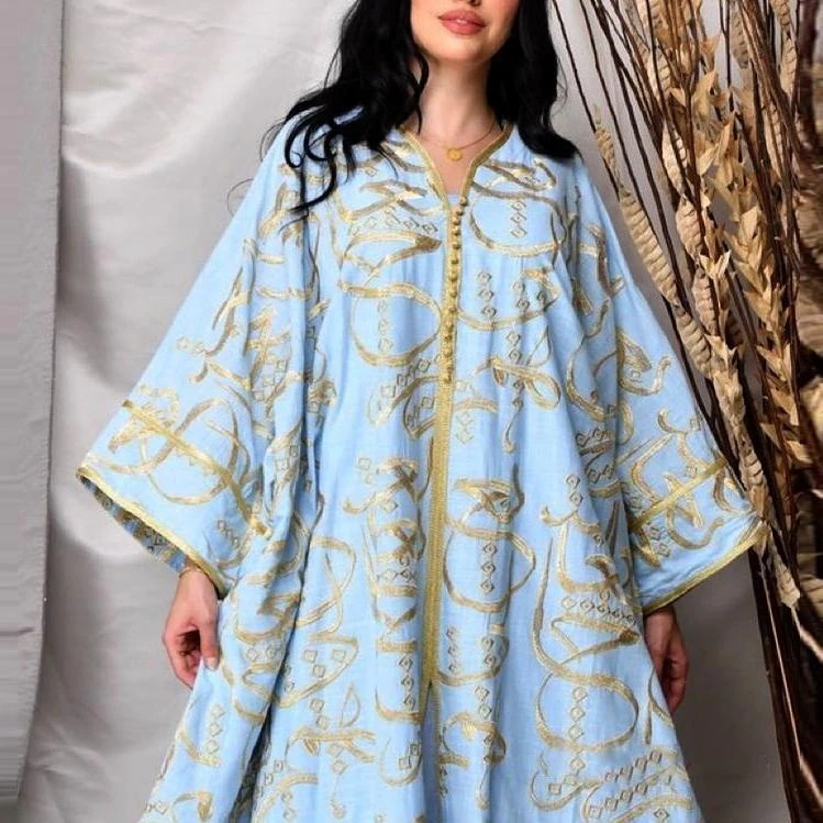 2022 Spring and summer new yellow printed breathable loose dress middle east robe dress