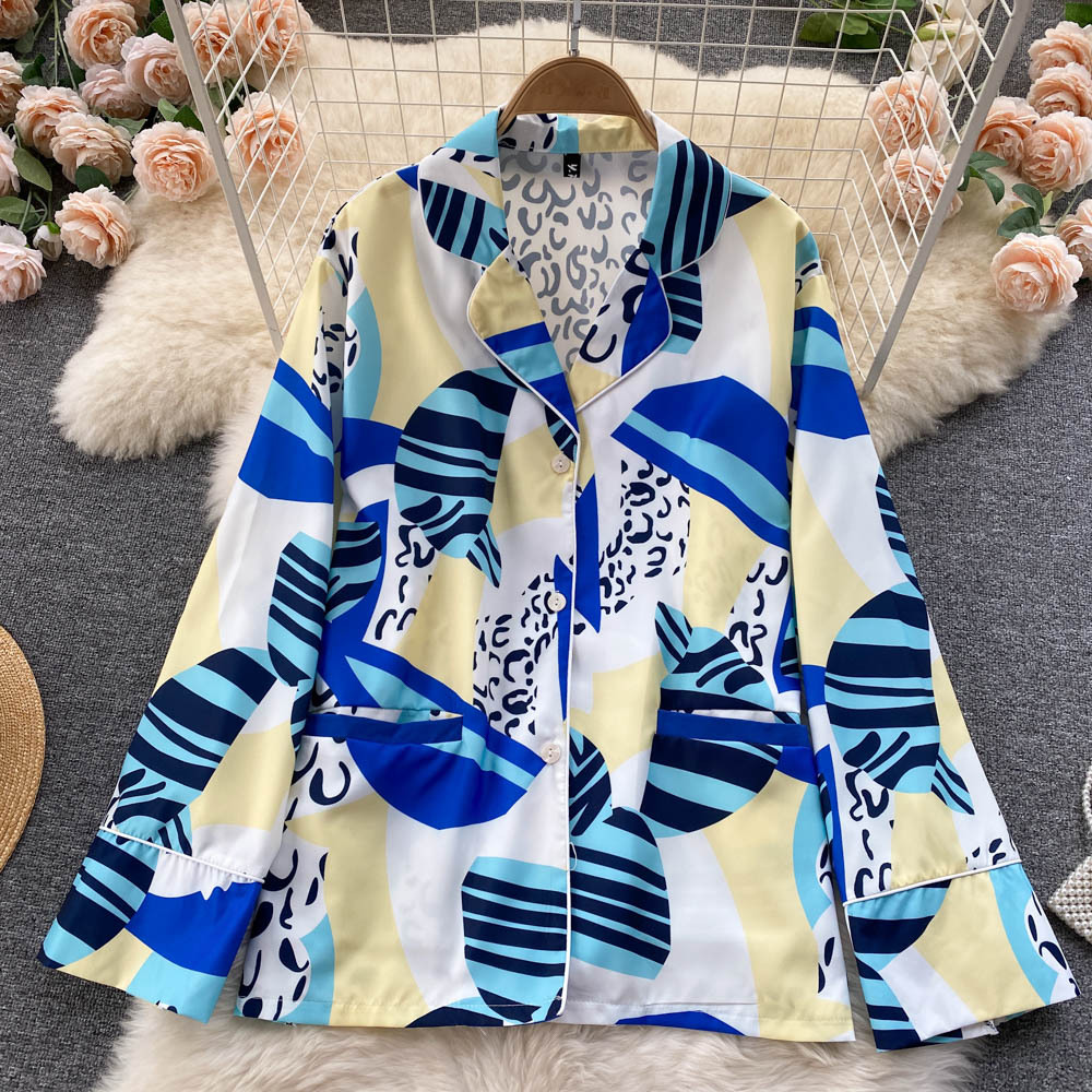 Ins fashion bloggers private clothes pajamas style suits female design sense niche print wide-leg pants two-piece clothing