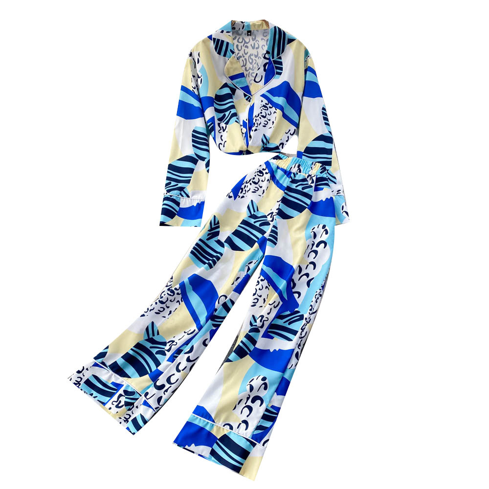 Ins fashion bloggers private clothes pajamas style suits female design sense niche print wide-leg pants two-piece clothing