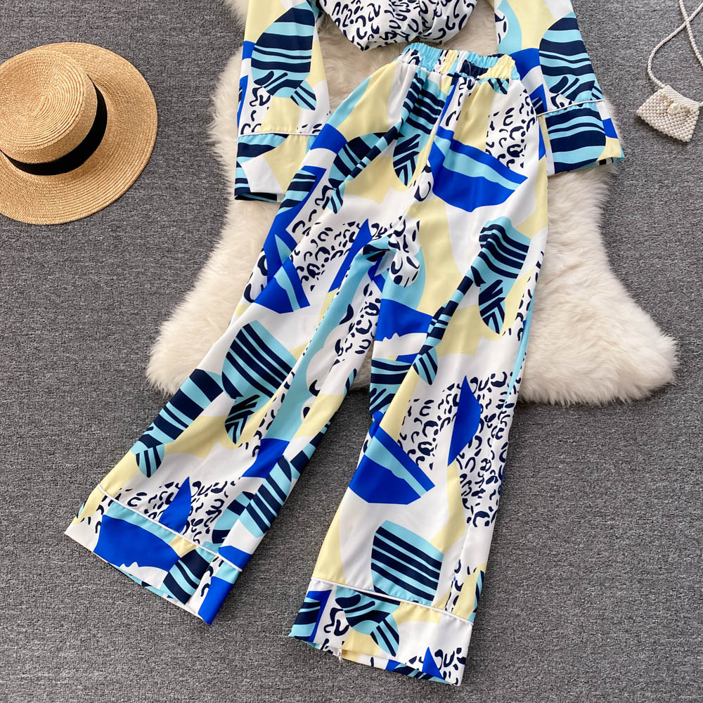 Ins fashion bloggers private clothes pajamas style suits female design sense niche print wide-leg pants two-piece clothing