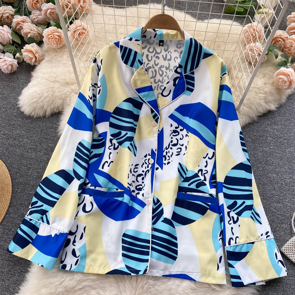 Ins fashion bloggers private clothes pajamas style suits female design sense niche print wide-leg pants two-piece clothing