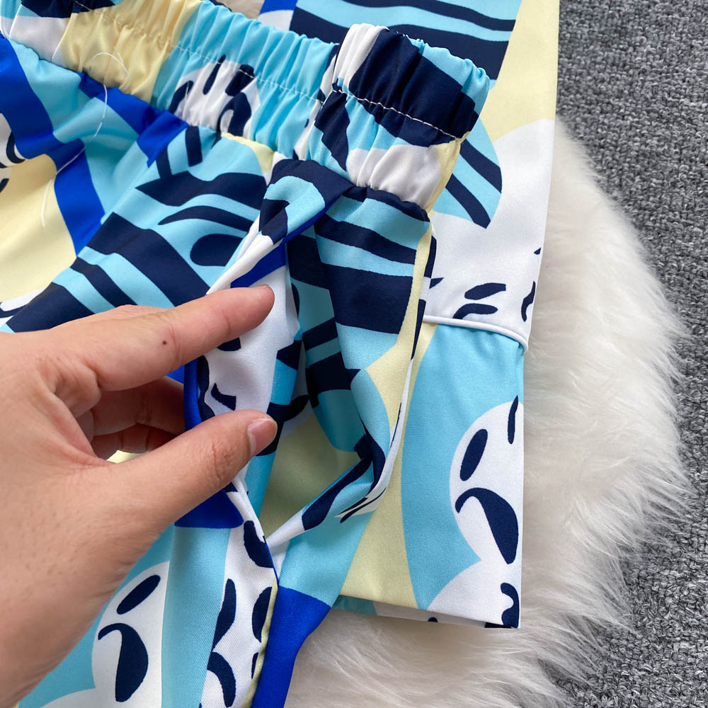 Ins fashion bloggers private clothes pajamas style suits female design sense niche print wide-leg pants two-piece clothing