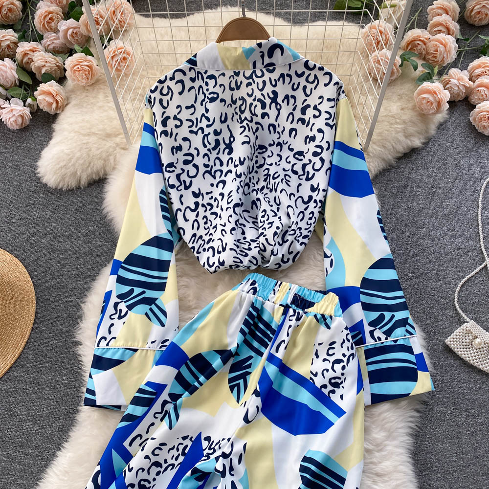 Ins fashion bloggers private clothes pajamas style suits female design sense niche print wide-leg pants two-piece clothing