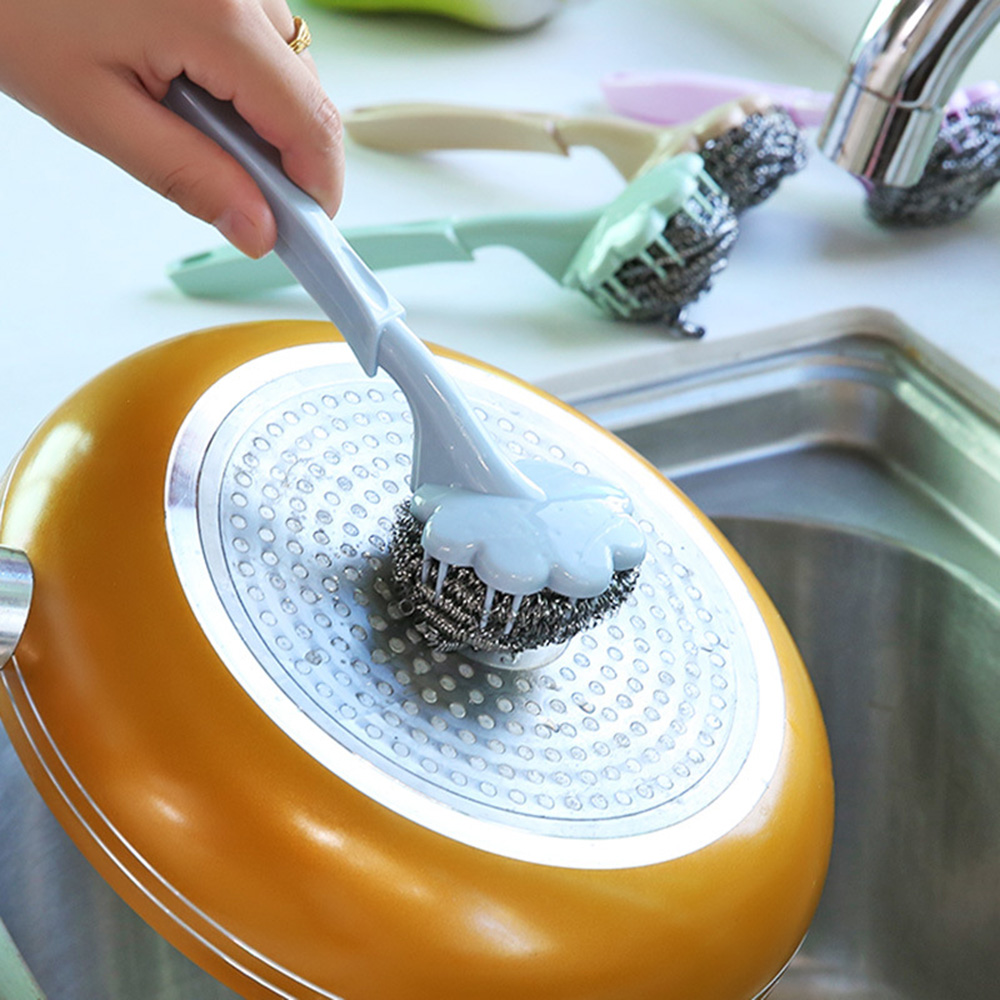 Random 2 Pc Stainless Steel Wire Ball Brush With Long Handle Cleaning Brush Pan Kitchen Dish Handle
