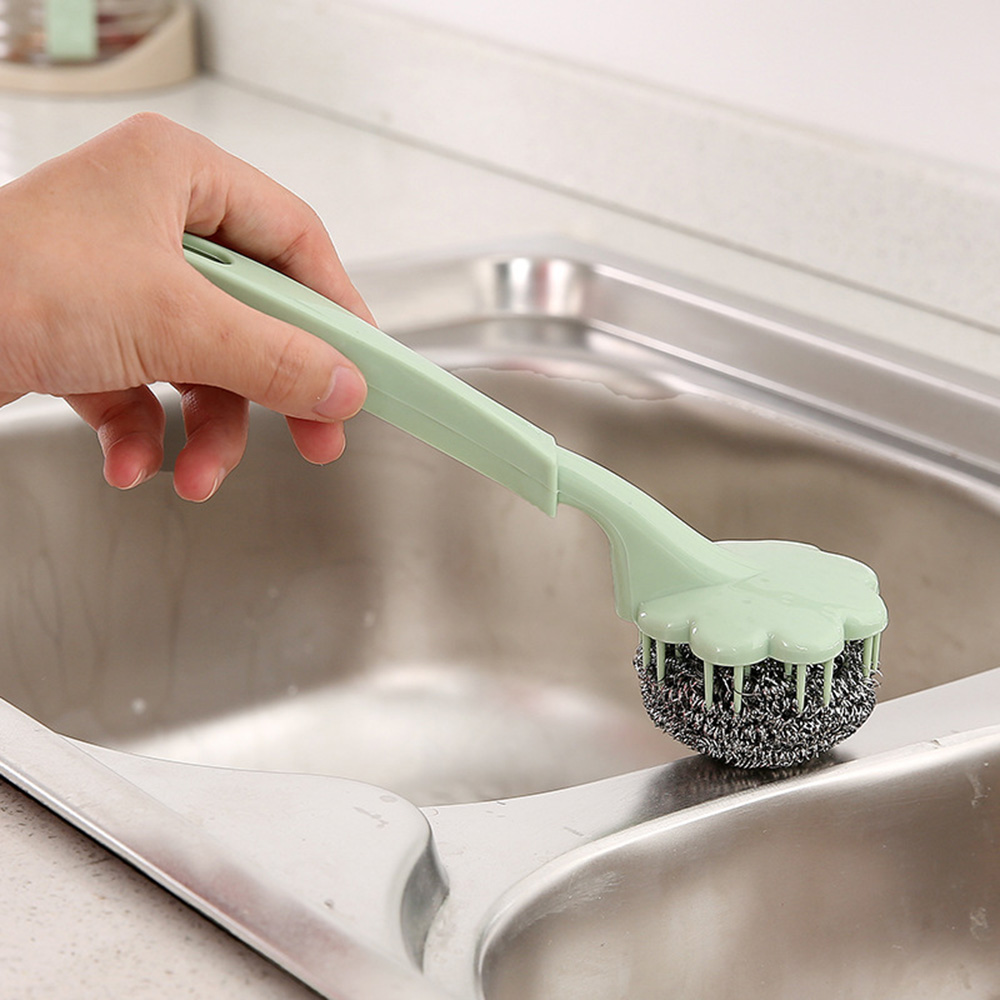 Random 2 Pc Stainless Steel Wire Ball Brush With Long Handle Cleaning Brush Pan Kitchen Dish Handle