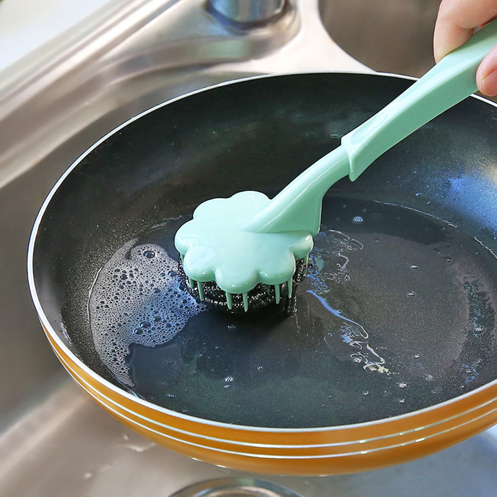 Random 2 Pc Stainless Steel Wire Ball Brush With Long Handle Cleaning Brush Pan Kitchen Dish Handle
