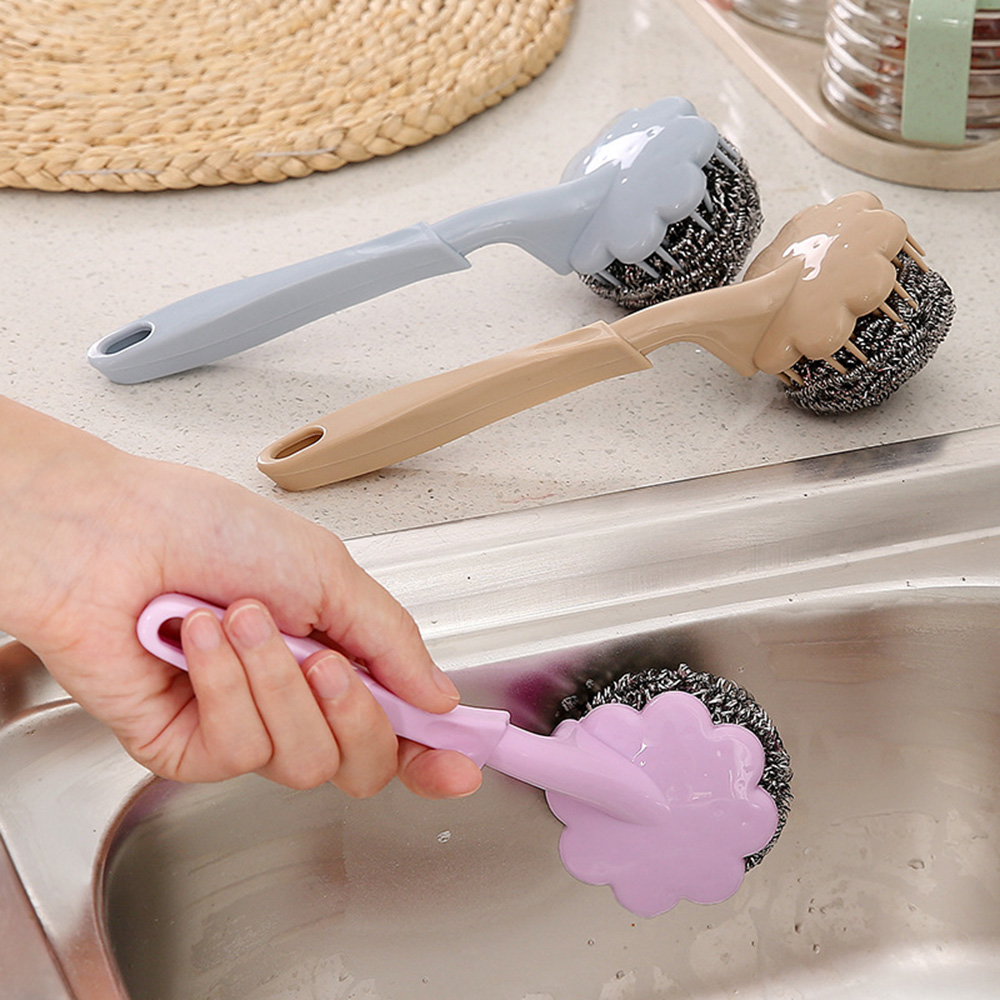 Random 2 Pc Stainless Steel Wire Ball Brush With Long Handle Cleaning Brush Pan Kitchen Dish Handle
