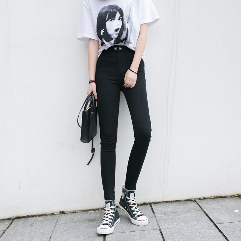 New Hi-Q Two Buttons Magic Pants Skinny Slim Black Leggings Pencil Pants Elastic Trousers Women