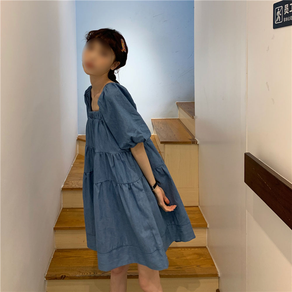 Summer Denim Skirt Square Neck Doll Skirt Bubble Sleeve Blue Dress Female Korean Loose Skirt