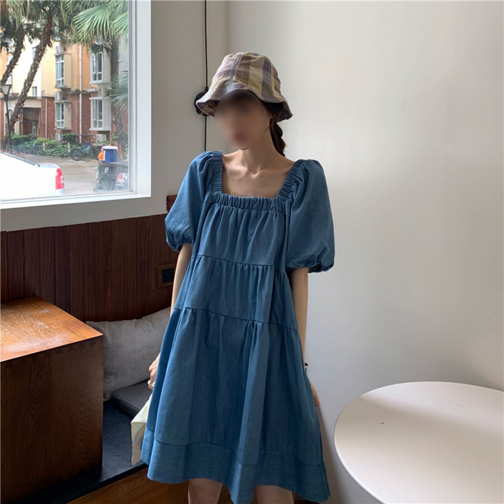 Summer Denim Skirt Square Neck Doll Skirt Bubble Sleeve Blue Dress Female Korean Loose Skirt