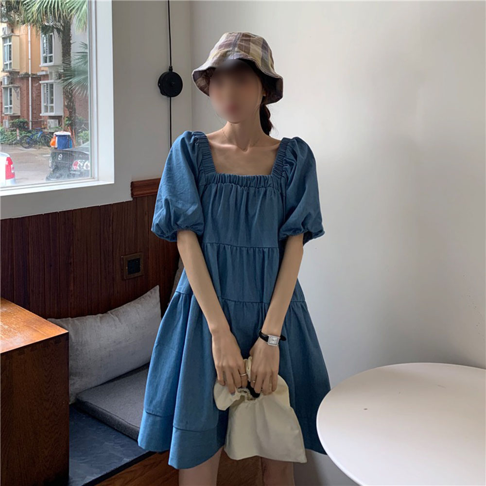 Summer Denim Skirt Square Neck Doll Skirt Bubble Sleeve Blue Dress Female Korean Loose Skirt