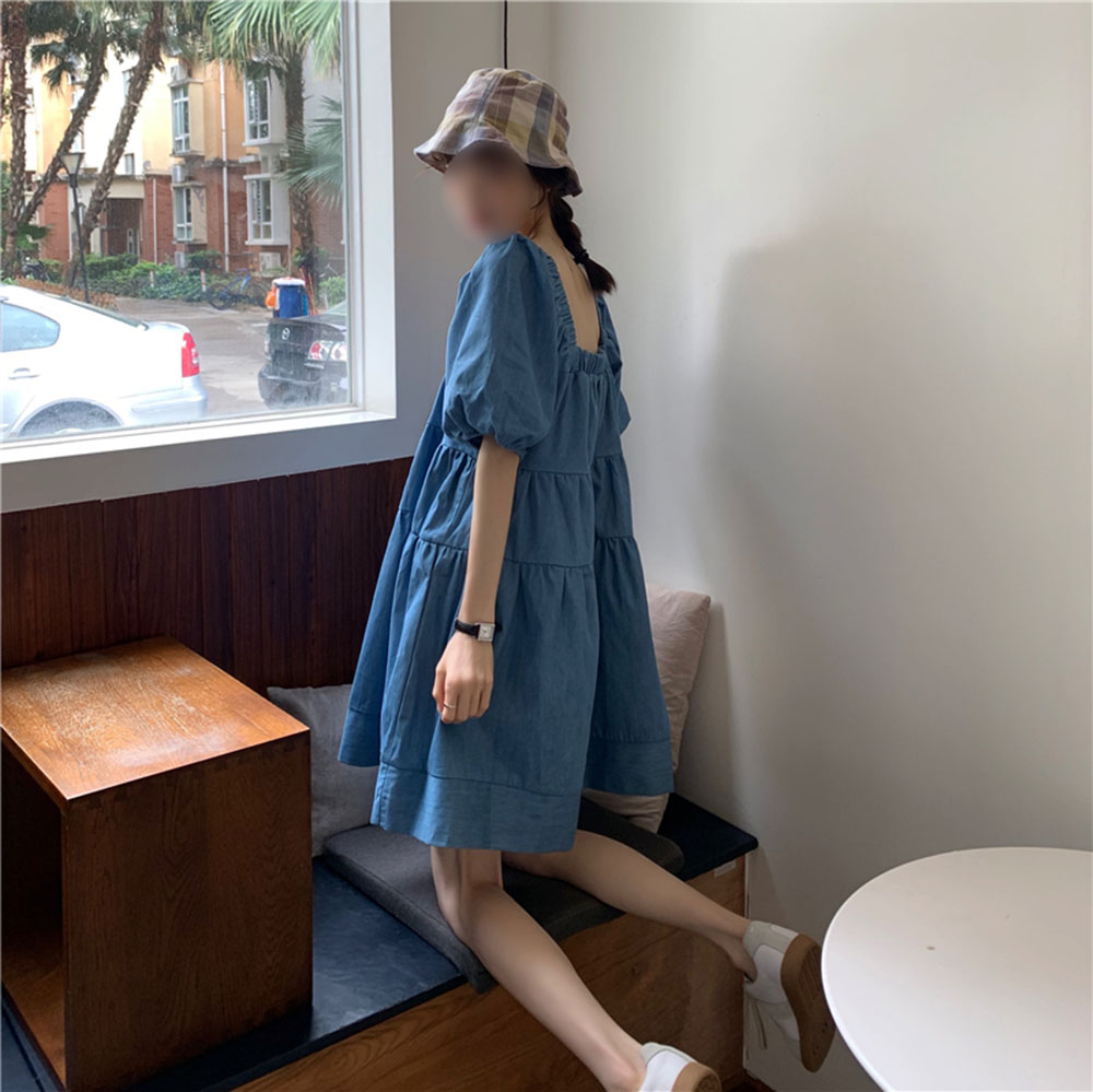 Summer Denim Skirt Square Neck Doll Skirt Bubble Sleeve Blue Dress Female Korean Loose Skirt