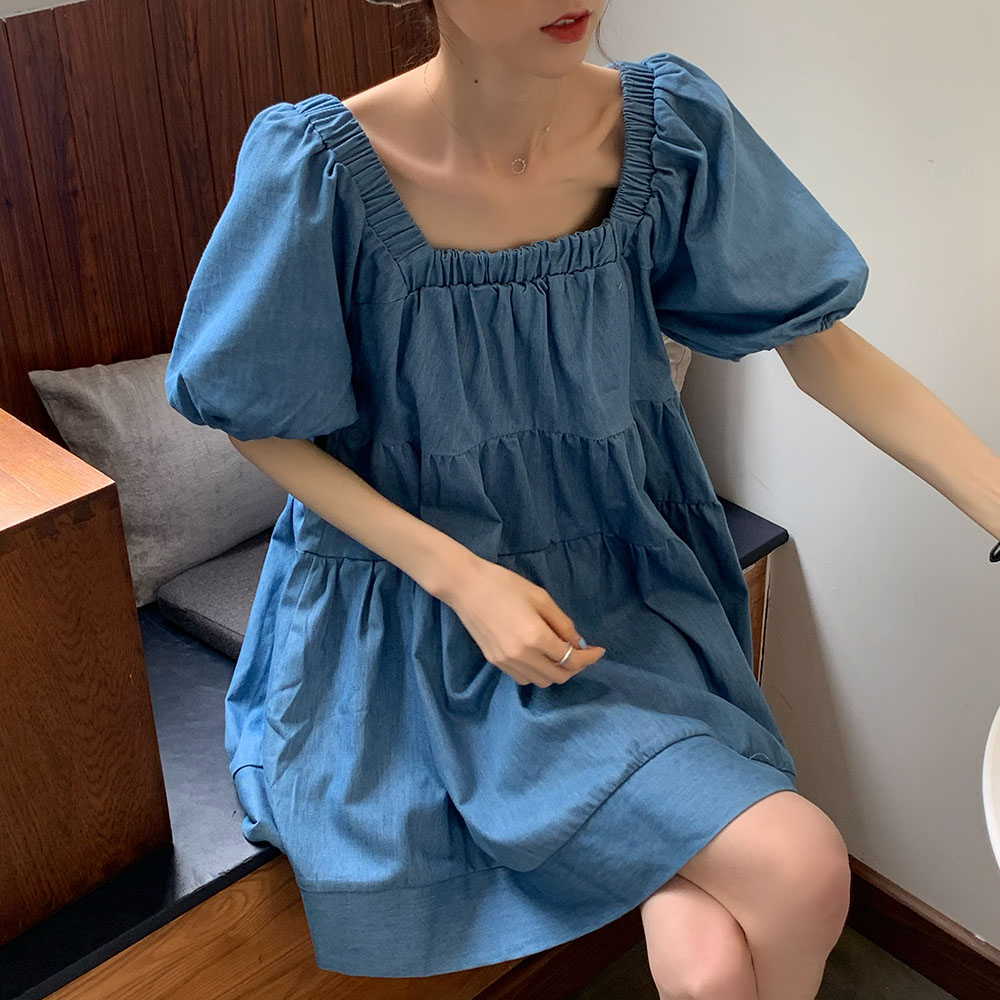 Summer Denim Skirt Square Neck Doll Skirt Bubble Sleeve Blue Dress Female Korean Loose Skirt