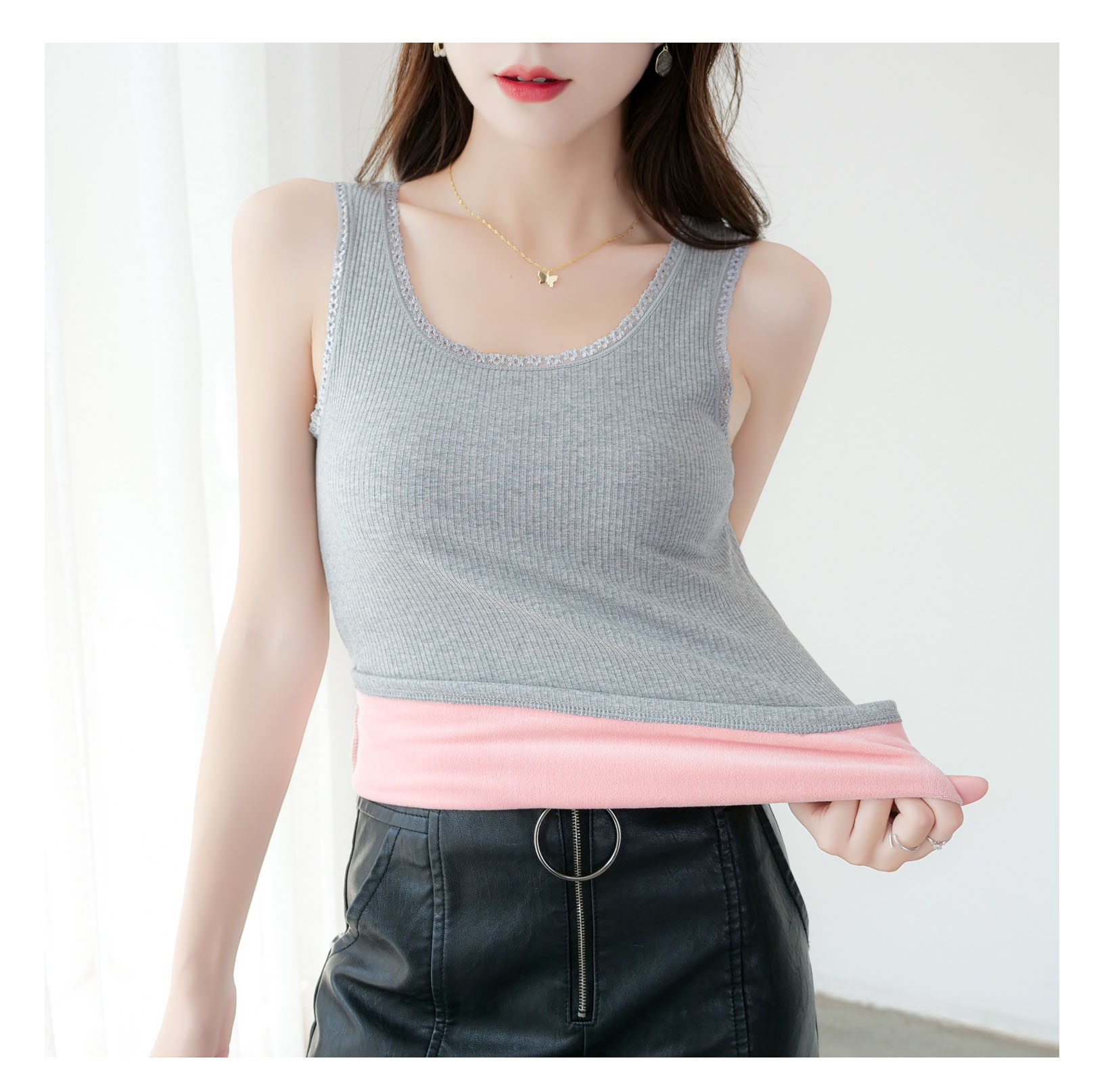 Explosive Avocado Green Thread Cotton Thermal Vest Women Plus Velvet Thickened Warm Inner Base Shirt