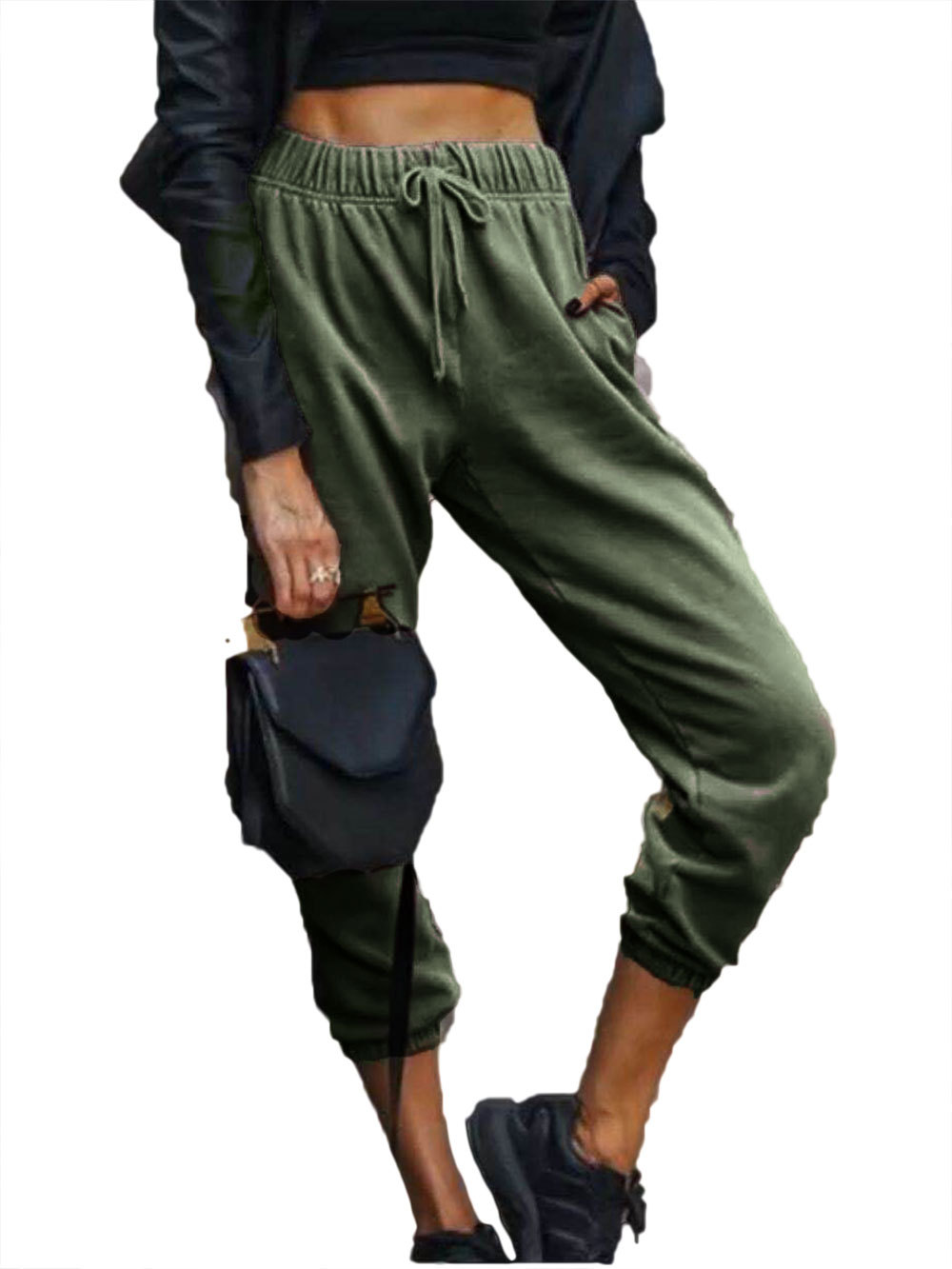 Women's Pure Color Fashion Elastic Waist All-match Casual Harem Pants.