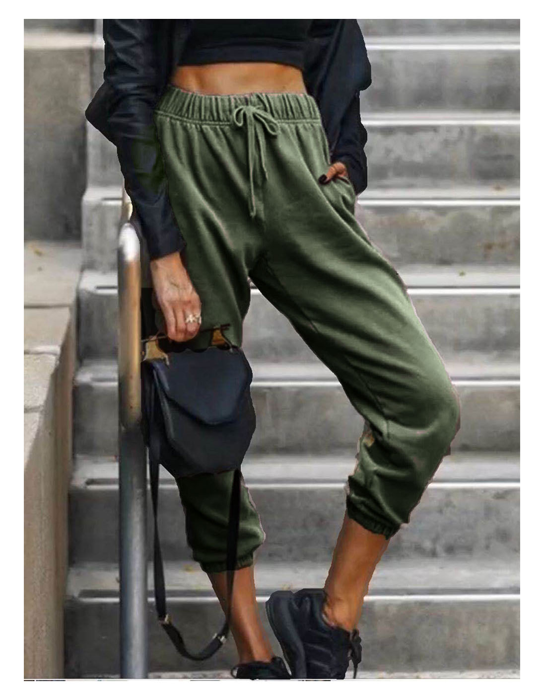 Women's Pure Color Fashion Elastic Waist All-match Casual Harem Pants.