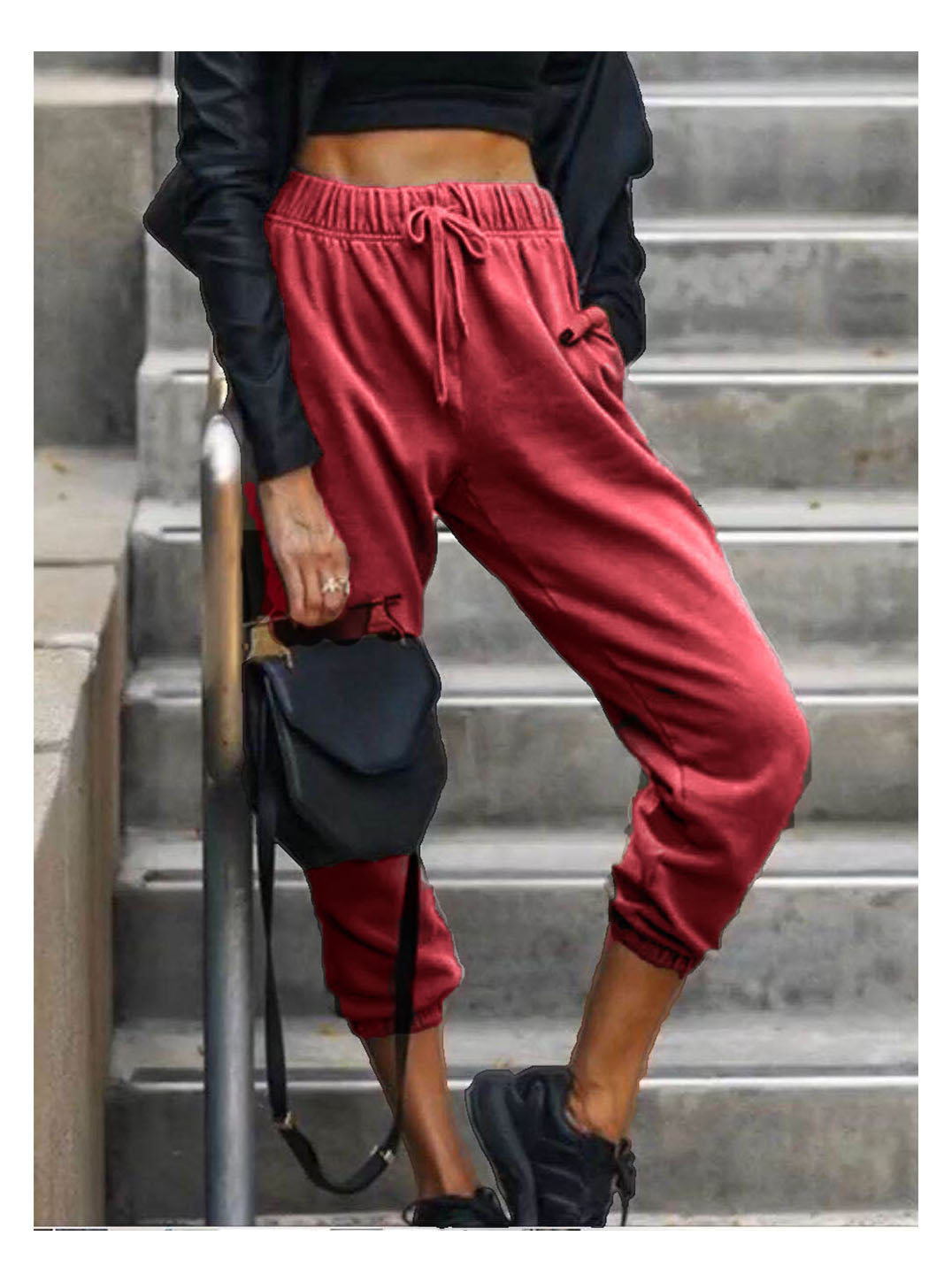 Women's Pure Color Fashion Elastic Waist All-match Casual Harem Pants.