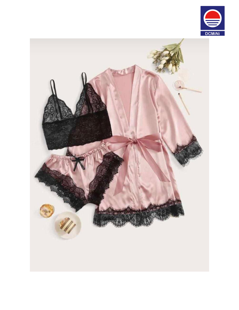 DCMINI Women's Sleepwear 3pcs Floral Lace Trim Satin Cami Pajama Set with Robe