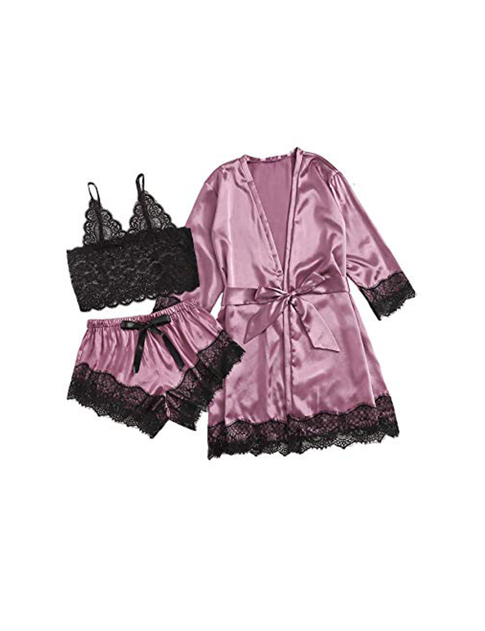 DCMINI Women's Sleepwear 3pcs Floral Lace Trim Satin Cami Pajama Set with Robe