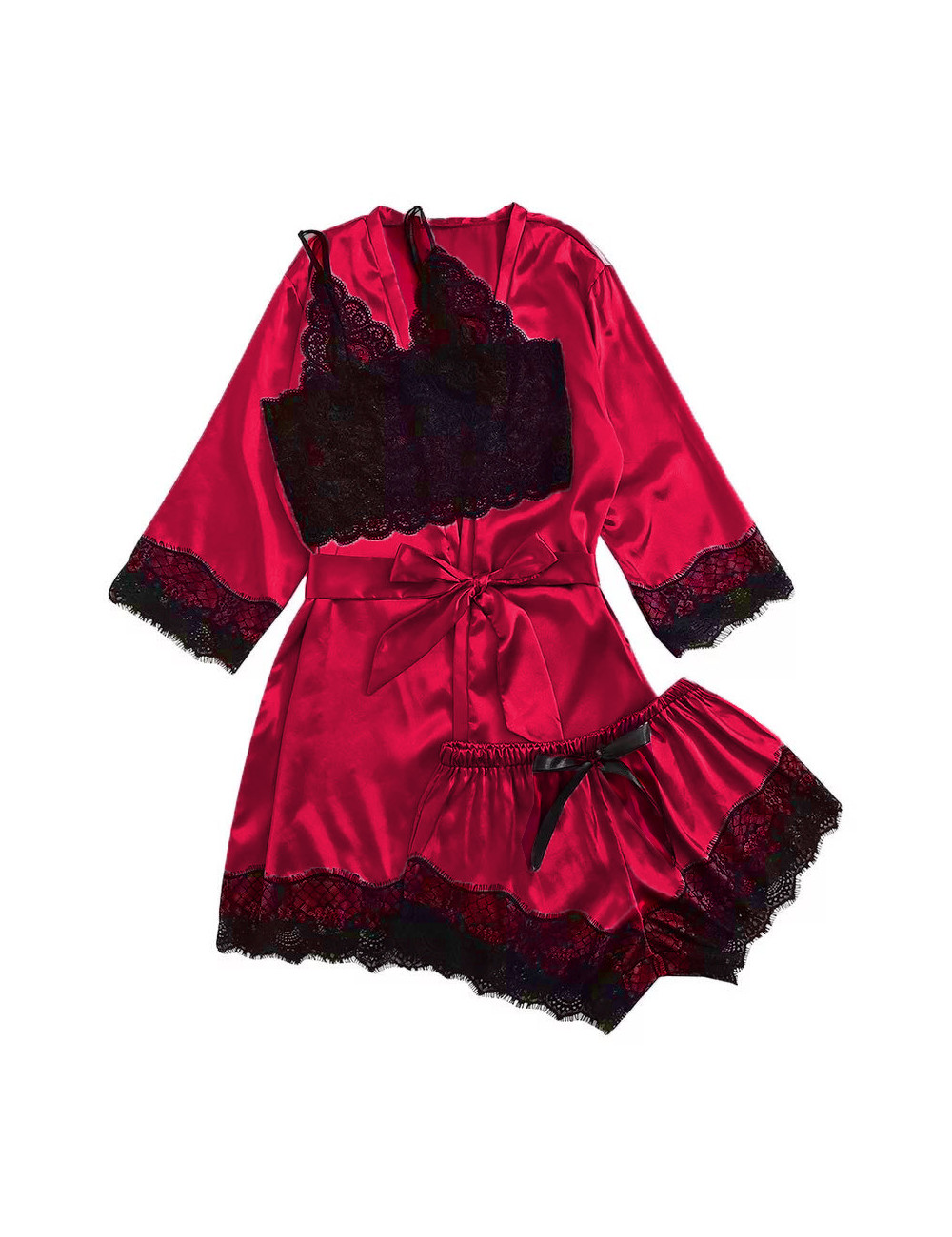 DCMINI Women's Sleepwear 3pcs Floral Lace Trim Satin Cami Pajama Set with Robe