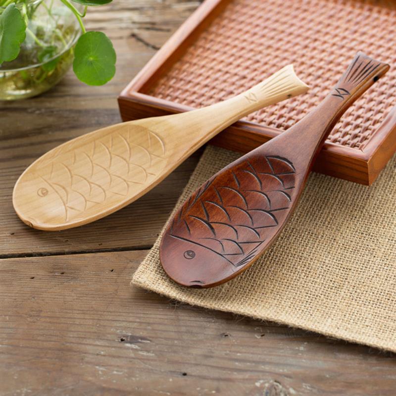 Wooden Shovel Rice Spoon Hand Polished Fish Shape Wooden Rice Scoop For Rice Soup Kitchen Cooking