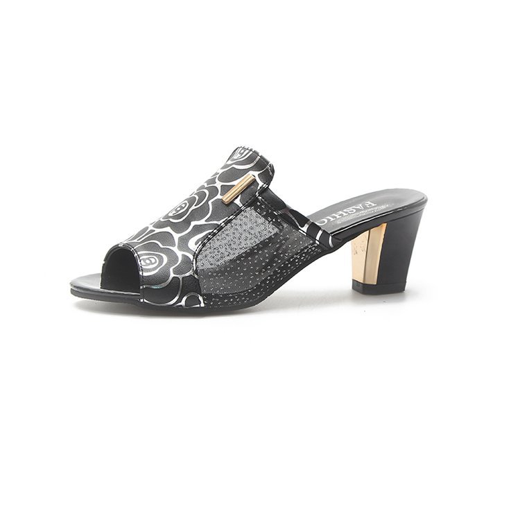 Sandals Thick-heel Mesh Fish Mouth Mid-heel All-match Rhinestone One-word Buckle Ladies Sandals