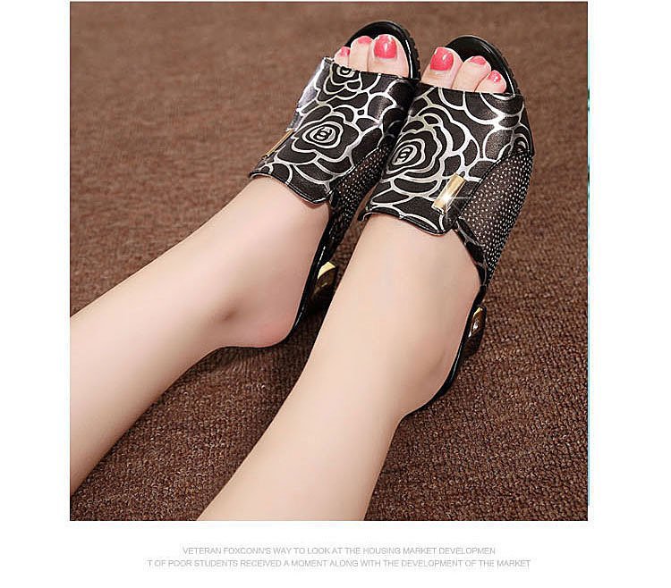 Sandals Thick-heel Mesh Fish Mouth Mid-heel All-match Rhinestone One-word Buckle Ladies Sandals