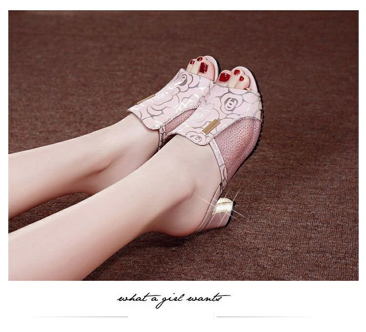 Sandals Thick-heel Mesh Fish Mouth Mid-heel All-match Rhinestone One-word Buckle Ladies Sandals