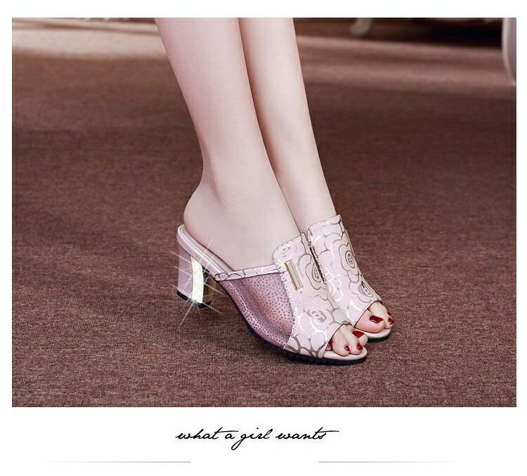 Sandals Thick-heel Mesh Fish Mouth Mid-heel All-match Rhinestone One-word Buckle Ladies Sandals
