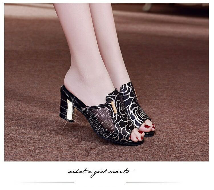 Sandals Thick-heel Mesh Fish Mouth Mid-heel All-match Rhinestone One-word Buckle Ladies Sandals