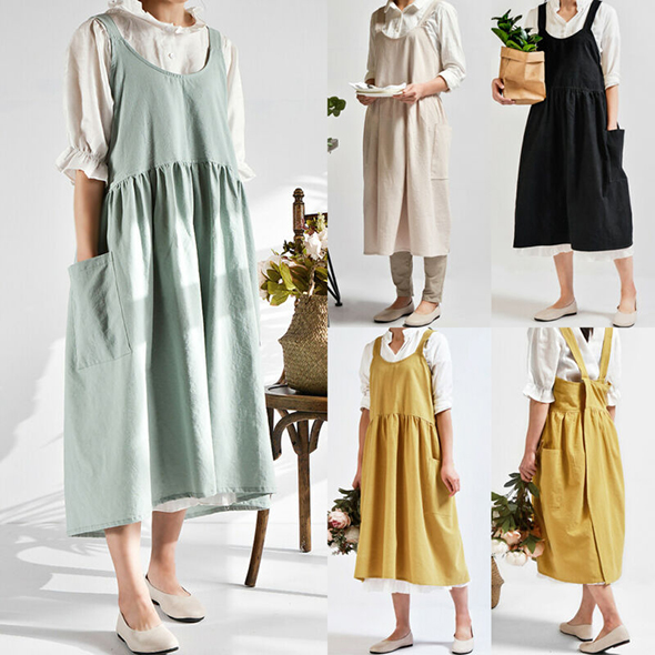 1PC Autumn Female Women Bib Apron Cotton Linen Pinafore Dress Cafe Kitchen Cooking Florist Vintage
