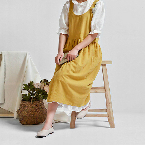 1PC Autumn Female Women Bib Apron Cotton Linen Pinafore Dress Cafe Kitchen Cooking Florist Vintage