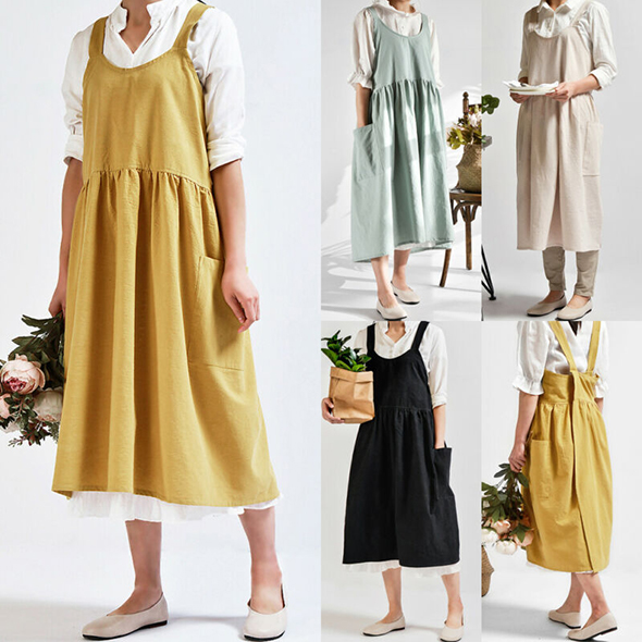 1PC Autumn Female Women Bib Apron Cotton Linen Pinafore Dress Cafe Kitchen Cooking Florist Vintage