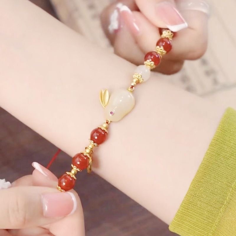 Money Rabbit Infinite White Jade Rabbit Bracelet Women's Ancient Weaving Agate like Acacia Red Beans Hand String Lucky Design Bracelet