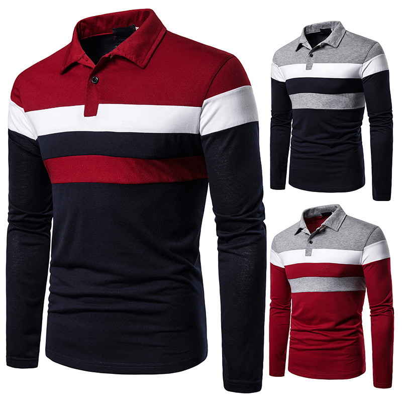 Men's long-sleeved T-shirt men's casual fake color matching fit men's POLO bottoming T-shirt