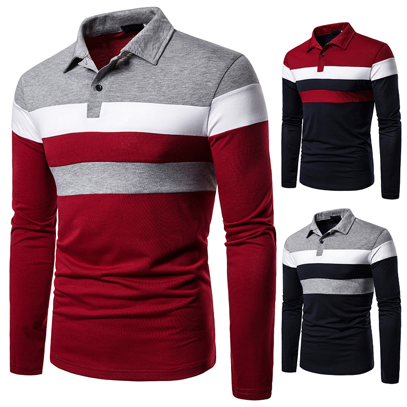 Men's long-sleeved T-shirt men's casual fake color matching fit men's POLO bottoming T-shirt