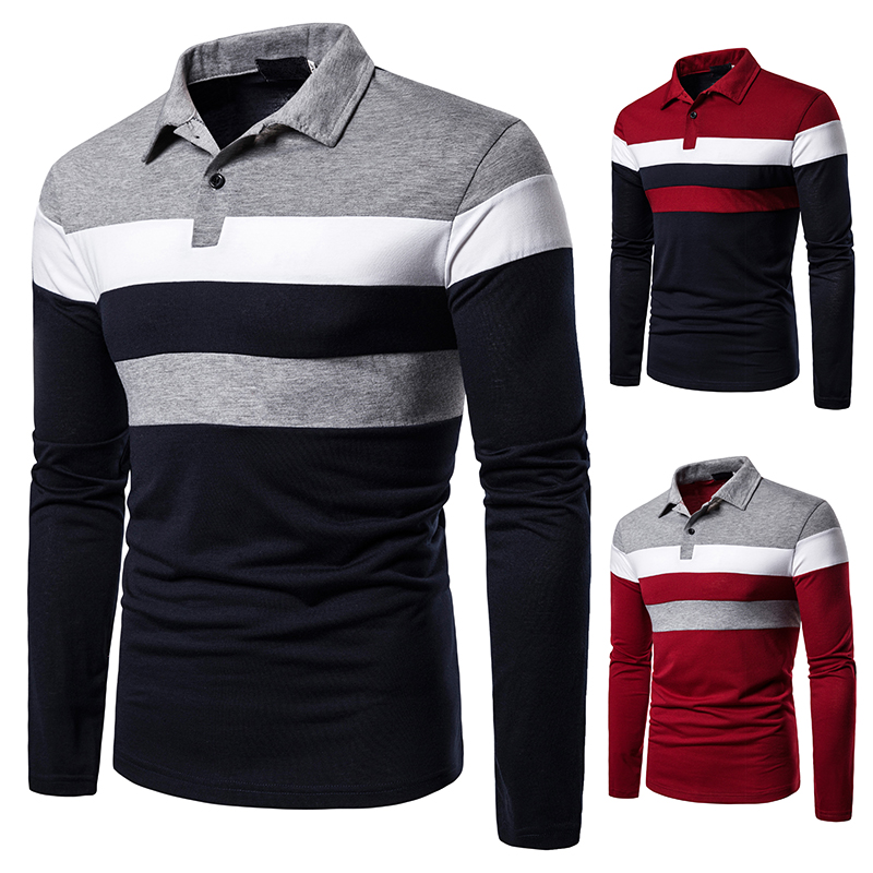 Men's long-sleeved T-shirt men's casual fake color matching fit men's POLO bottoming T-shirt