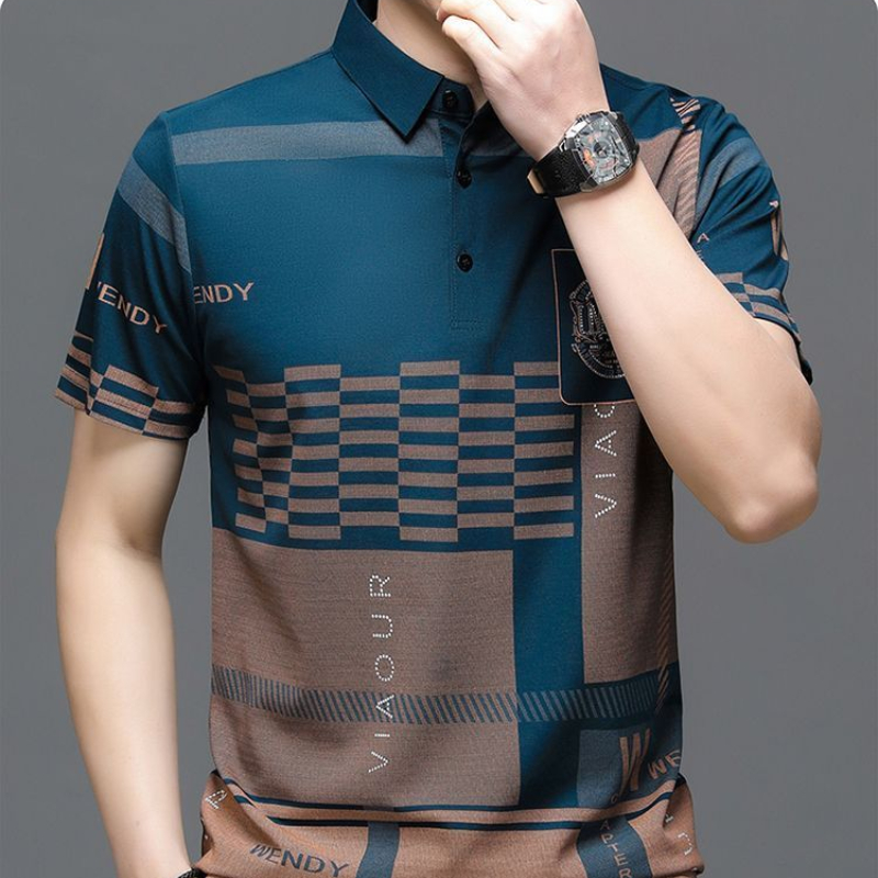 New Summer T Shirts for Men 2023 Short Sleeve Turn-down Collar Letter Printing Button Striped Polo Tees Fashion Pullover Tops