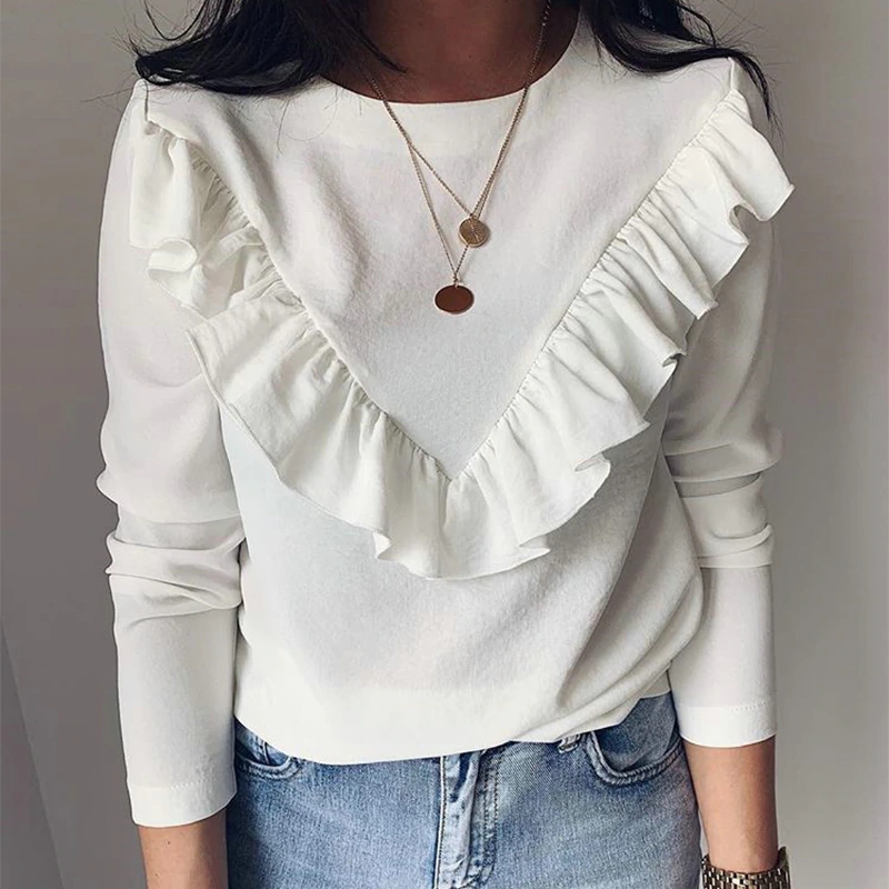 2021 High quality Long Sleeve Elegant Women Blouses Lady Office Work Ruffles O-Neck Shirts Tops Autumn Winter Blusas